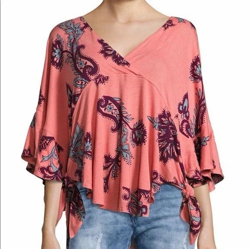 Free People Size L Maui Wowie Flowy Side Tie Top Coral Passion Floral Combo